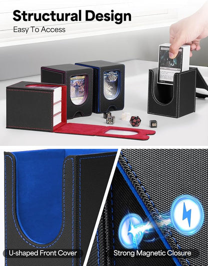 Card Deck Box for MTG Commander, Card Case Holds 100+ Double-Sleeved Cards, Magic Card Box Fits for TCG/PTCG/CCG Card with 2 Dividers (Black&Blue)