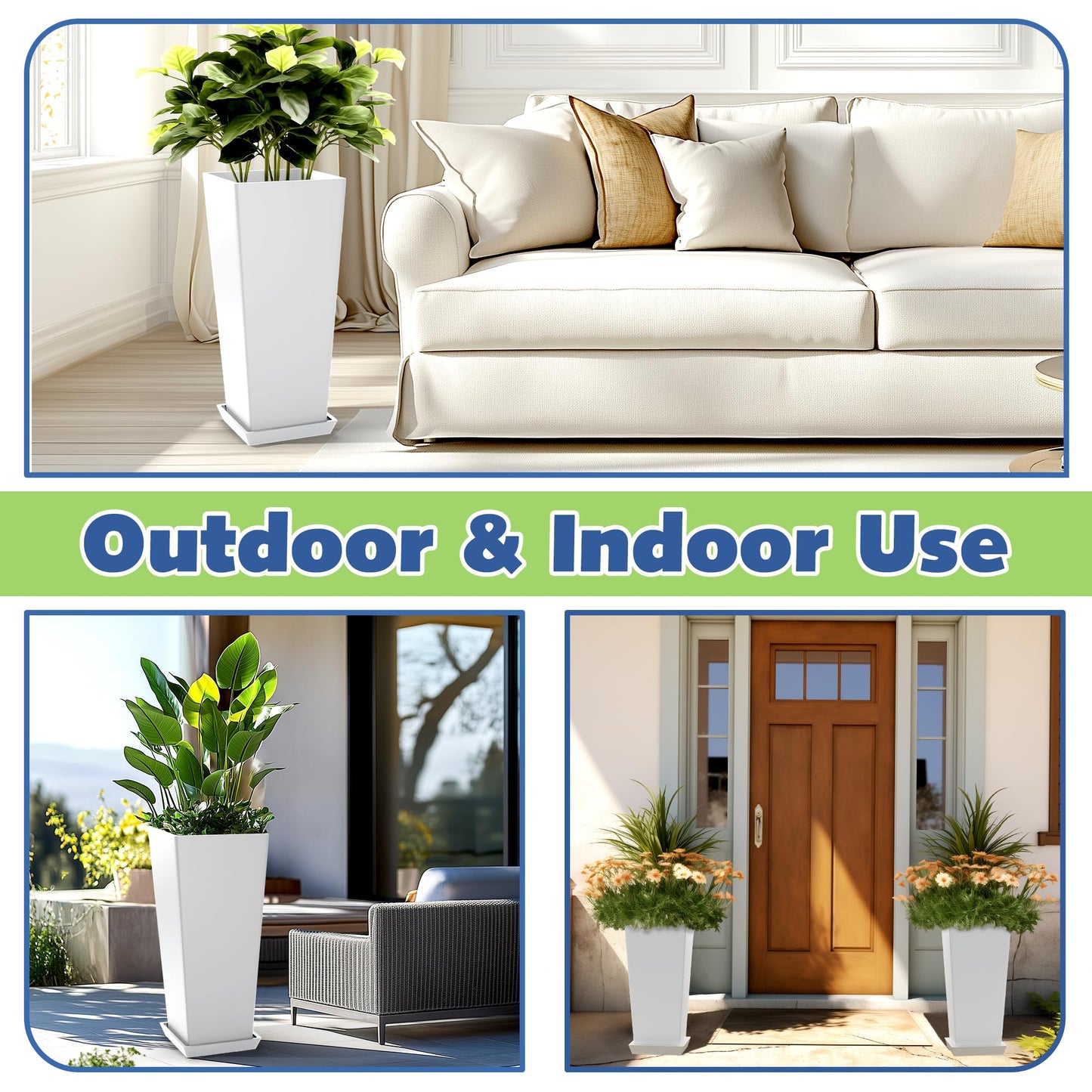 ART DEMO 23.6" Tall Outdoor Planters Large Tall Planter for Indoor or Outdoor, Set of 2 Tapered Square Flower Pots with Tray for Porch, Patio, Backyard(White)