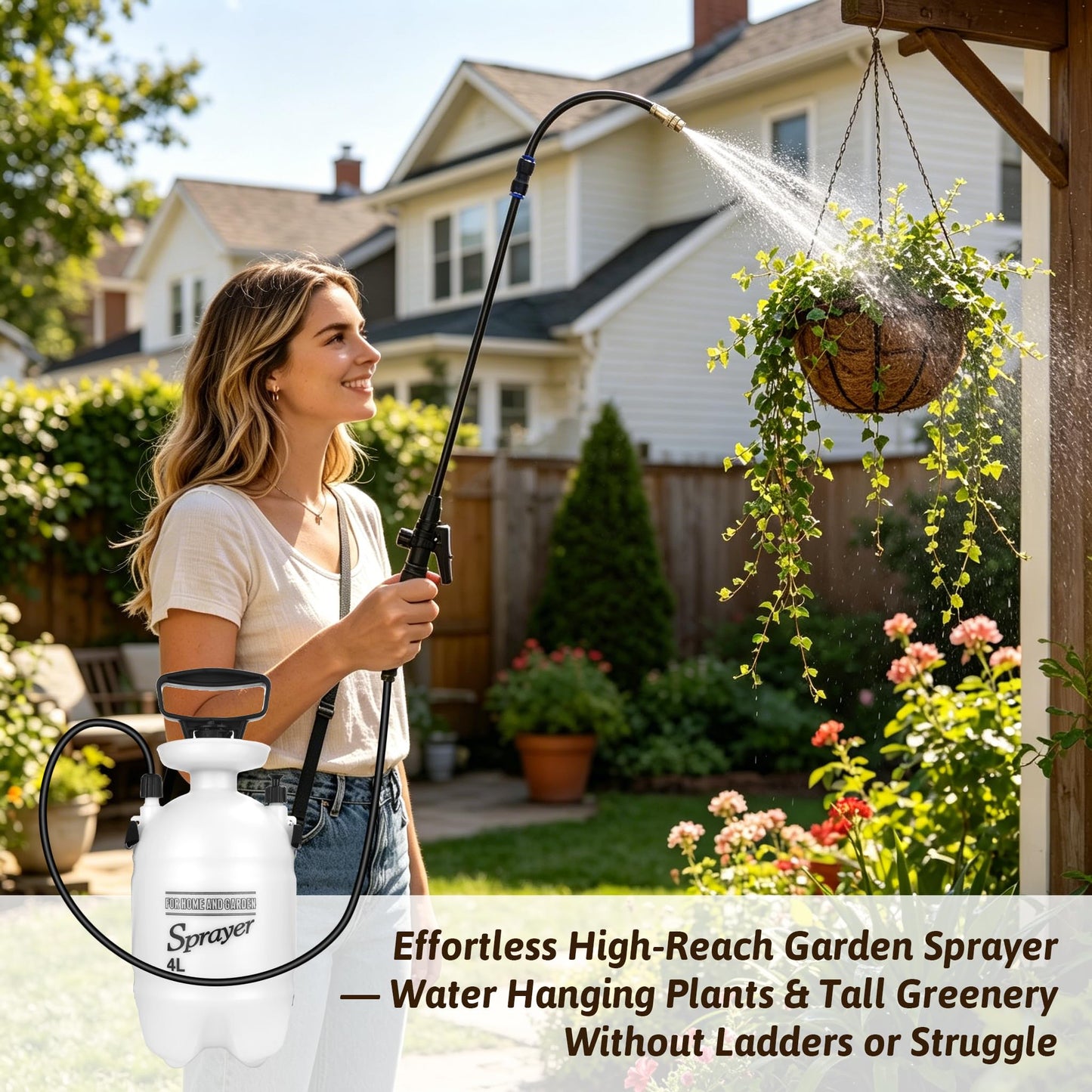 4L Watering Can for Hanging Plants, Adjustable 360° Flexible Nozzle Long Reach Plant Watering Sprayer, No Battery Needed, with Shoulder Strap for Indoor Garden High Plants & Hard-to-Reach Areas