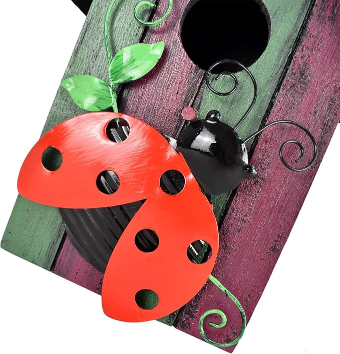 Wood Bird Houses for Outside, Hanging Bluebird House Nest Box Garden Patio Outdoor Decorative Bird Houses Vintage Rustic Wooden Birdhouse Bird Box Home for Finch Wren Chickadee Cardinals (Ladybug)