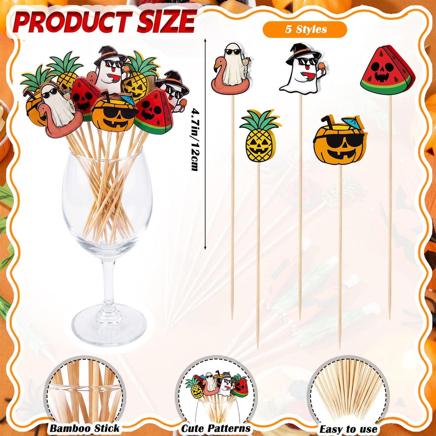 Remerry 160 Pcs Summer Halloween Cocktail Drink Accessories 60 Drink Umbrellas Straws Toothpicks 100 4.7 Inch Fruit Toothpicks Pumpkin Ghost Halloween Tropical Luau Hawaiian Beach Party Decorations