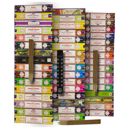 Satya Incense Sticks Variety Pack of 12 Randomly Selected Fragrances and Incense Stick Holder Bundle Total 180 Sticks