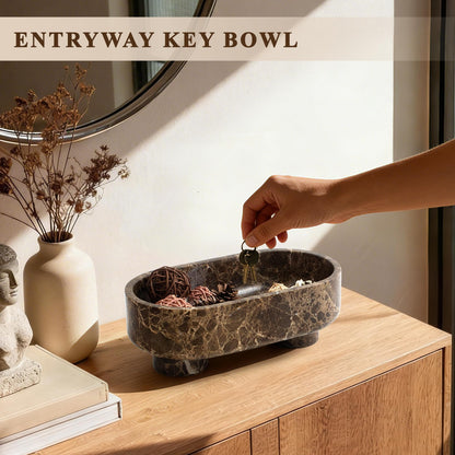 LIN CHUAN Natural Oval Marble Fruit Bowl for Kitchen Counter | Two-Legged Decorative Pedestal Bowl for Dining Table Decor, 10" Luxury Entryway Catchall Purse Bowl - Dark Brown