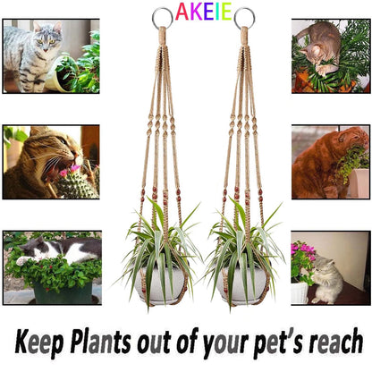 Macrame Plant Hanger 3 Pack Ceiling Plant Hanger 35'' Brown Hanging Planter Holder Boho Handmade Plant Jute Rope with 6 Hooks and Beads for Indoor Outdoor Home Balcony Decor, Fit Max 12'' Flower Pot