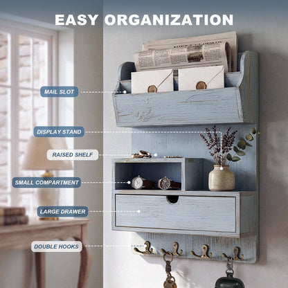 Rebee Vision Pine Wood Key Holder Wall Mount for Home Decor – Farmhouse Key Holder for Wall with Shelf & Drawer Storing Small Items- Ideal Room Decor Aesthetic(Blue)