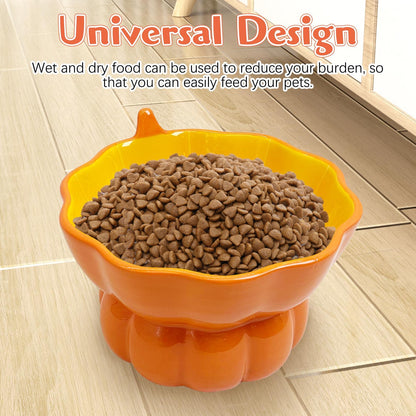 Hamiledyi Ceramic Raised Cat Bowl Tilted 15° Elevated Cat Bowl for Food or Water Anti Vomiting and Whisker Fatigue Cute Pumpkin Shaped Pet Feeder Bowl for Indoor Cats Kitten and Dogs (Orange Pumpkin)