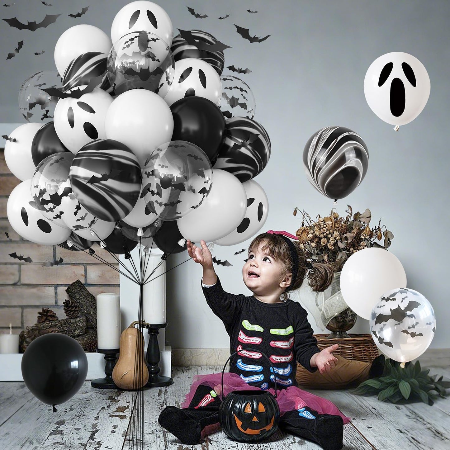 Froova Halloween Balloons Black and White Balloons with 3D Bat Stickers Bat Print Balloon and Black Marble White Ghost Balloon for Happy Halloween Skull Skeleton Spooky Birthday Horror Party Decor
