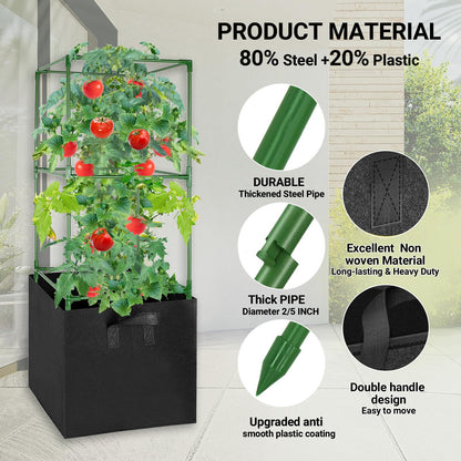 MQHUAYU 2 Pack Tomato Cages with 17 Gallon Grow Bags, 47” Heavy Duty Square Tomato Plant Stakes Support Cages Trellis for Garden Climbing Vegetables Flowers Fruits (47IN Tall, Extra-Bold)