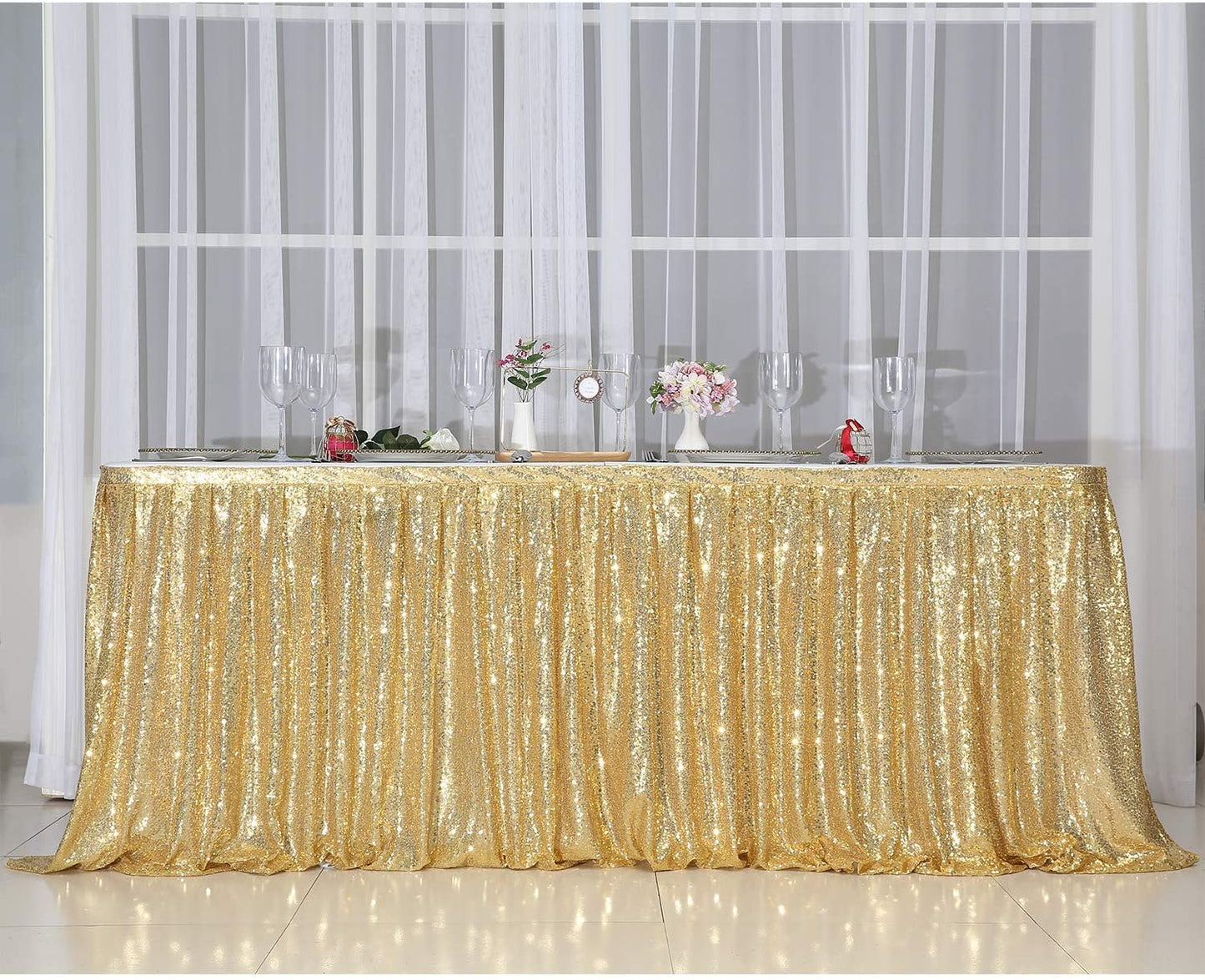 PartyDelight Sequin Table Skirt 9ft Gold for Round/Rectangle/SquareTables for Birthday Party Wedding Christmas