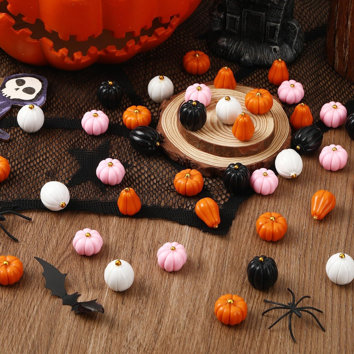 DTOFOOT 100Pcs Mini Resin Pumpkins,Mini Halloween Pink Black White Pumpkins Miniatures Tiny Pumpkins for Crafts DIY Artificial Vase Bowl Filler Home Indoor Fall Halloween AutumnTable Decorations