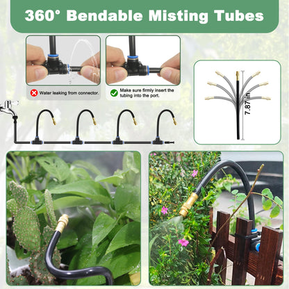 Quibbay 65.6Ft 360° Adjustable Drip Irrigation System Kit, Automatic Garden Watering System with 20 Copper Nozzles, Atomizing Misting Watering System with 360° Bending Dropper for Plant Lawn Patio