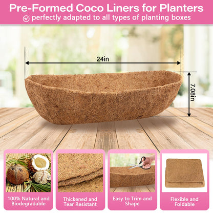 Legigo 4 Pack 24 Inch Natural Trough Coco Liner for Planters- Window Box Liners Coconut Basket Liners, Planter Box Coconut Liner for Window Flower Box Pots, Fence Trough Planter, Wall Planter Basket