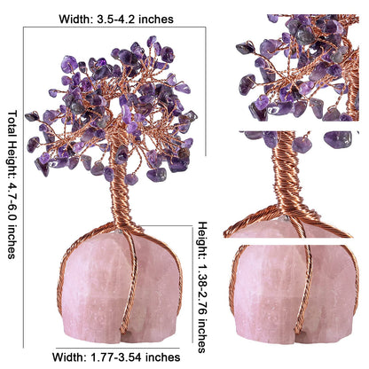 Cheungshing Crystal Copper Tree Wrapped with Raw Rose Quartz Base, Bonsai Tree for Home Office Living-Room Decor, Amethyst