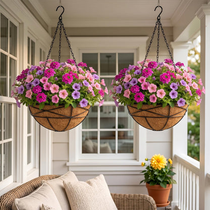 Karlliu 2 Pack 12 Inch Hanging Planters for Outdoor Plants Metal Watering Flower Baskets with Coco Liner for Hanging Pot Round Plant Holders Planter for Outside Garden Decor
