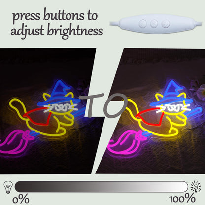 Halloween Magic Cat Neon Sign for Halloween Decor Cat Witch Neon Light Cute Magic broom Light Up Sign for Halloween Party Bedroom Club Bedroom House Kid’s Room