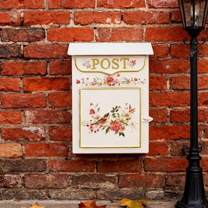 Mailbox Wall Mount Mailboxes for Outside Vintage Mail Boxes for House Outside Metal Drop Box Antique Style Nostalgic Charm Home Decorative, Flower Pattern Pink