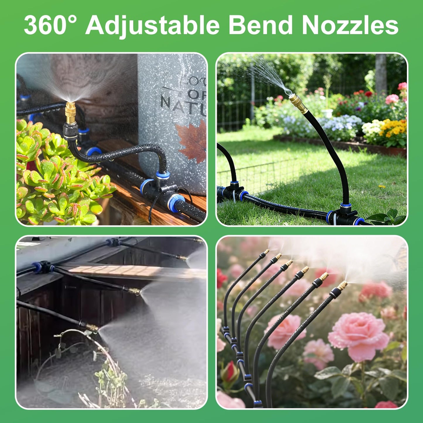 360° Adjustable Drip Irrigation System-50FT Garden Watering System with 16 Brass Nozzles,Irrigation System for Garden/Yard/Lawn,Greenhouse Accessories, 5/16" Tubing Garden Irrigation System