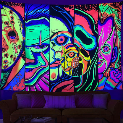 ARTCREATOR Black Light Art Halloween Wall Decor Trippy Blacklight Horror Face Tapestry, UV Reactive Tapestries Glow in The Dark Party Tapestry for Bedroom, Living Room (59" x 78")