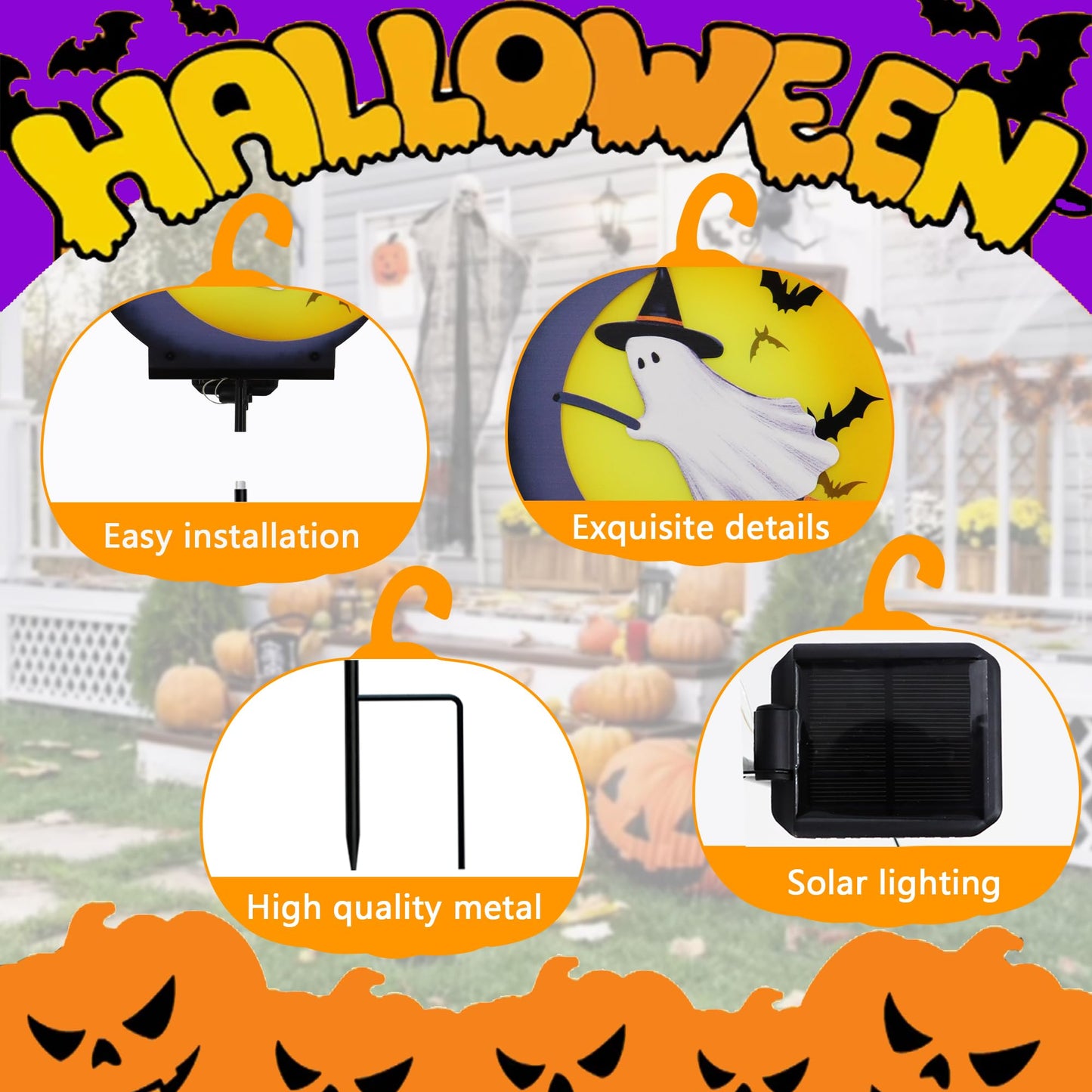 Halloween Ghost Solar Light Stakes Decorations Outdoor, Halloween Lights Ornaments Holiday Decorations Party, Ghost Moom Silhouette Outdoor Halloweens Decor