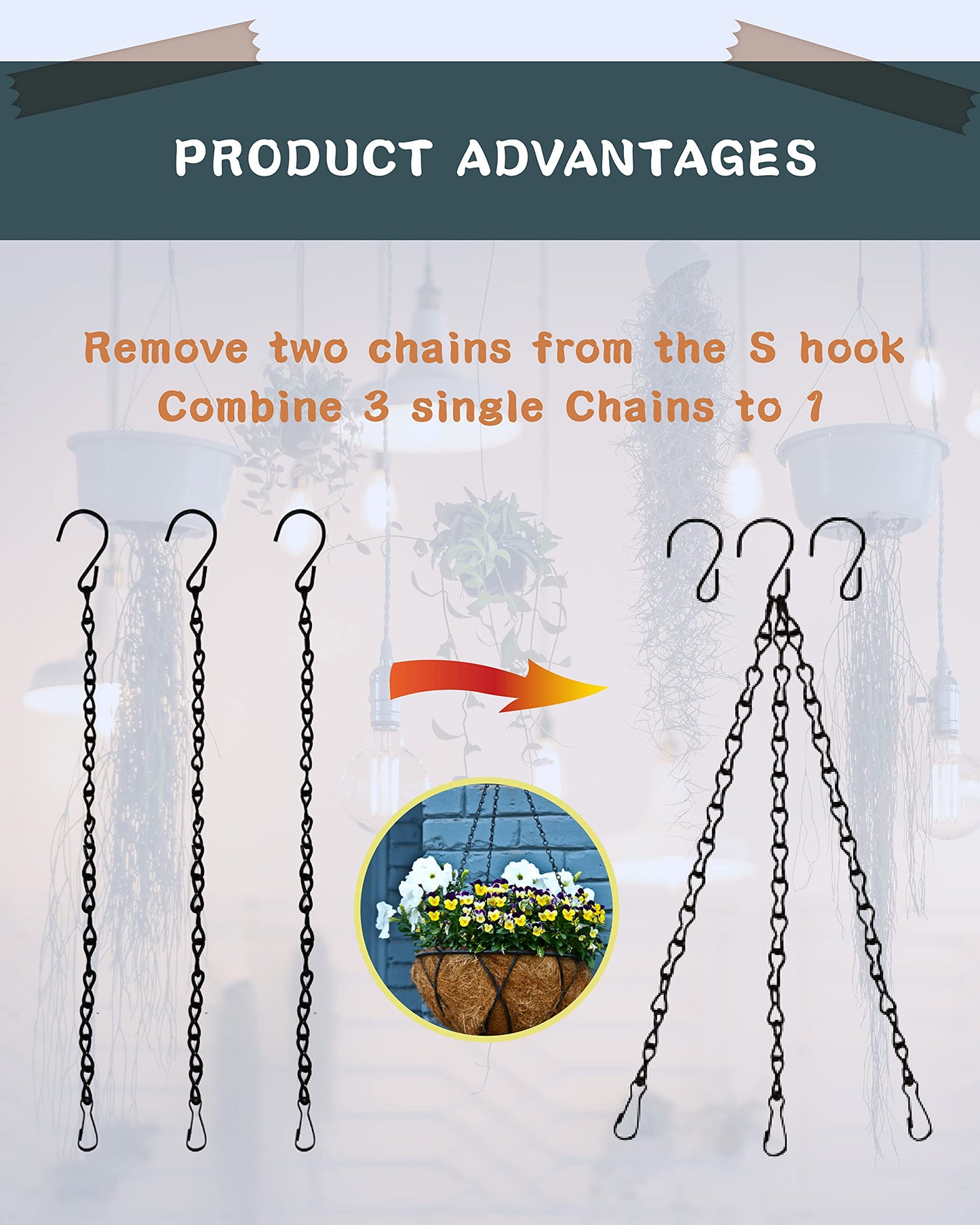 NACETURE Ceiling Hooks for Hanging Plants 3 Pack - Plant Hanger Indoor Hanging Hooks Metal Plant Bracket Iron Lanterns Hangers for Wind Chimes (White 3 Pack + Chain)