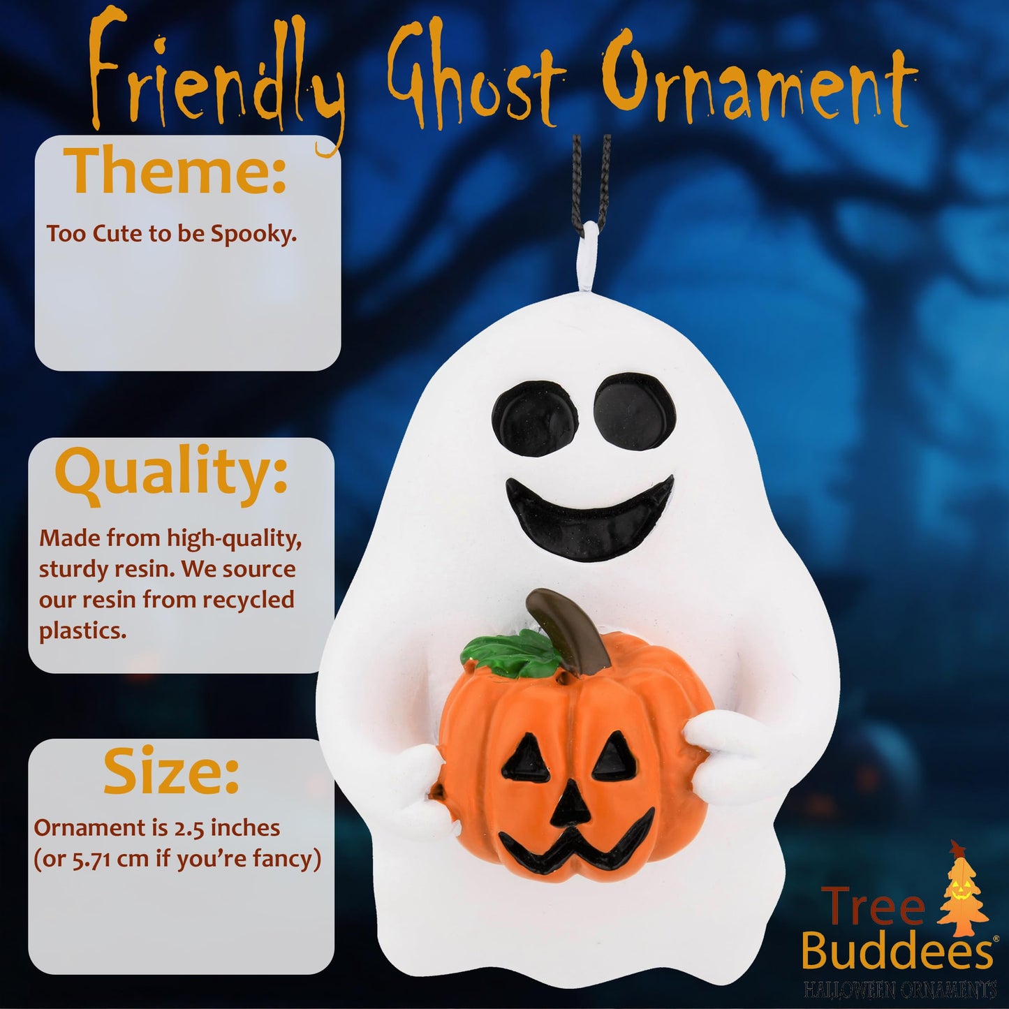 Tree Buddees Cute & Spooky Friendly Ghost Holding a Pumpkin Halloween Christmas Ornaments