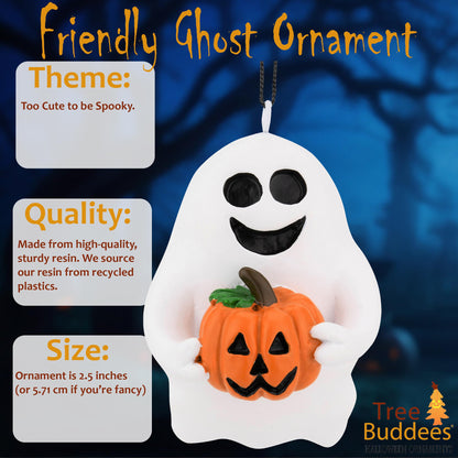 Tree Buddees Cute & Spooky Friendly Ghost Holding a Pumpkin Halloween Christmas Ornaments