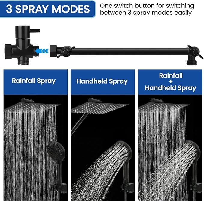 Shower Head 10‘’ High Pressure Rainfall Shower Head/Handheld Shower Combo with 11'' Extension Arm, 9 Settings Anti-leak Head with Holder, Height/Angle Adjustable, Chrome, Matte Black