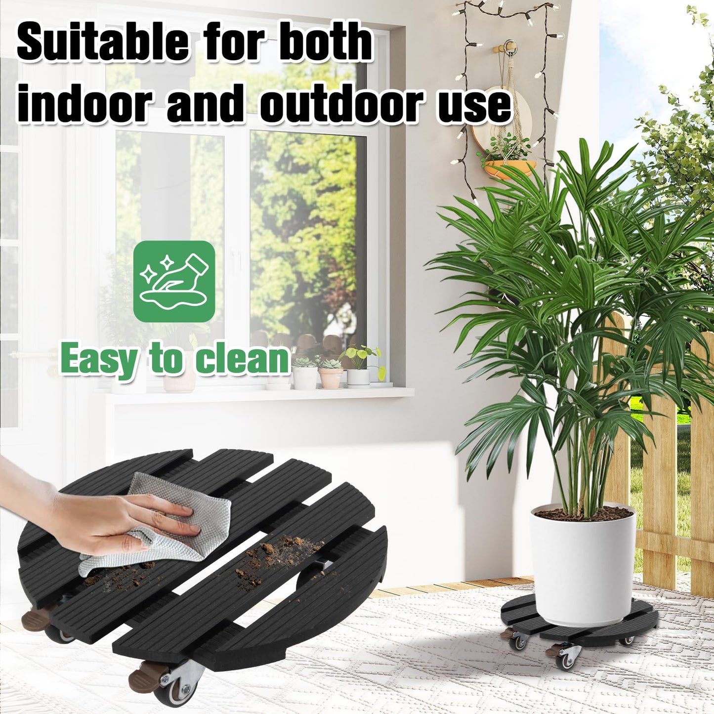 YOULITE Plant Caddy with Lockable Rubber Casters, 12 Inch Round Wood Plastic Composite Planter Stand, Heavy Duty 200 Lbs Capacity for Indoor & Outdoor Plants (Black, Round)