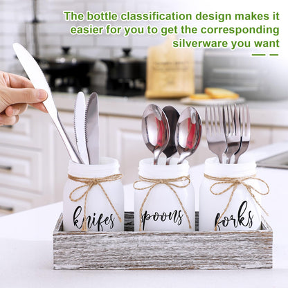 Tiangrid 4 Pcs Silverware Utensil Holder Mason Jar with Wooden Utensil Organizer for Kitchen Countertop Forks Spoons Knives Storage White Farmhouse Kitchen Caddy Glass Cooking Decor for Party