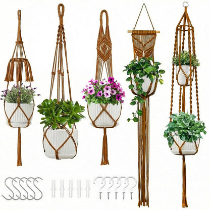 Macrame Plant Hangers 5Pack, Handmade Cotton Rope Hanging Planters for Indoor Plants w/ 5 Set Hooks Hanging Plant Holders Plant Hanger Indoor for Boho Home Decor (Caramel, Planter Pot Not Included)