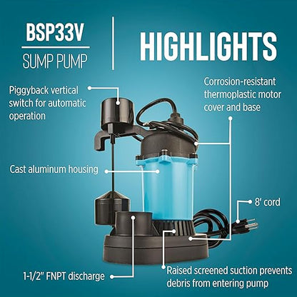 Little Giant BSP33V 1/3 HP, 115 Volt, 2880 GPH Automatic Submersible Epoxy Coated Cast Aluminum Sump Pump with Piggy-back Vertical Switch and 8-Ft. Cord, Blue, 506251