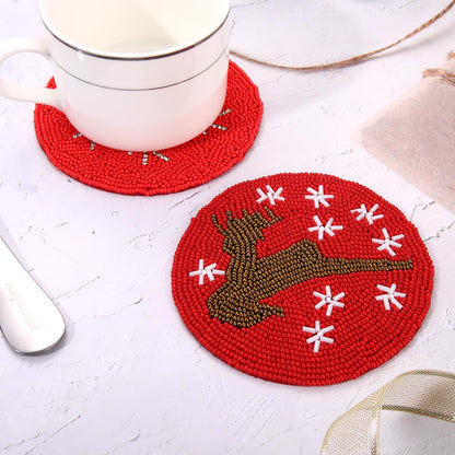HZEYN Christmas Coaster Beaded Reindeer Snowflake Coaster Cup Mat Coffee Tea Coaster Bar Cart Decor Accessories Gifts 2, Red-Reindeer Snowflake