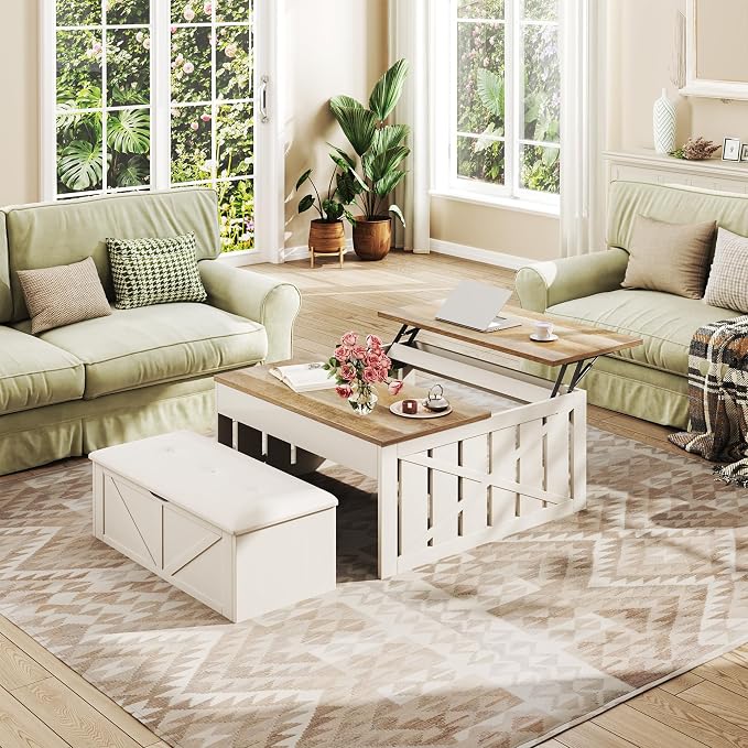 HUAHUU Lift Top Coffee Table with Storage Hidden Compartment, 31.5" Farmhouse Coffee Tables with Ottoman Bench, Center Table with Wooden Lift Tabletop for Living Room, White