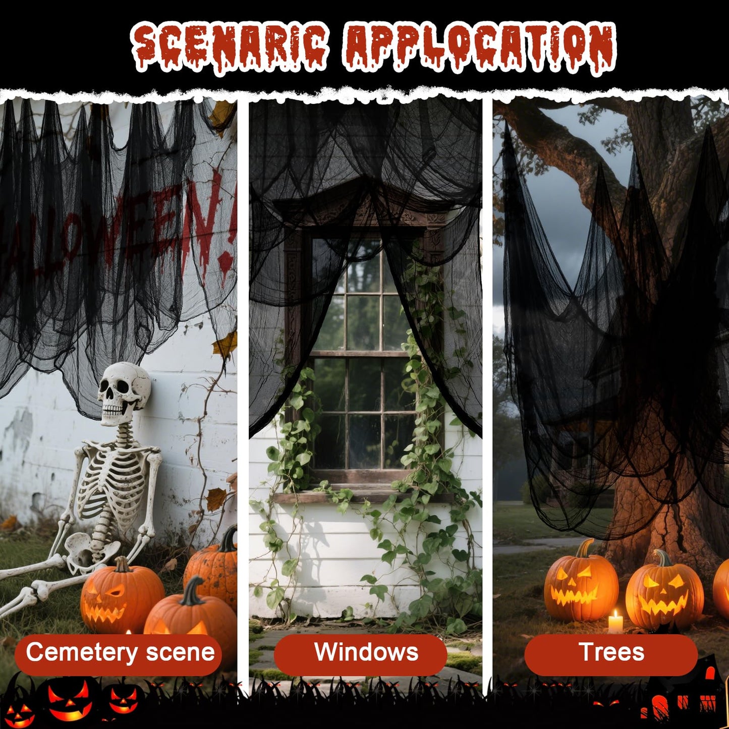 Bittesnew Halloween Creepy Cloth Black 200" x 80" Halloween Spooky Fabric Cloth, Halloween Gauze Cloth, Halloween Decorations Outdoor Indoor