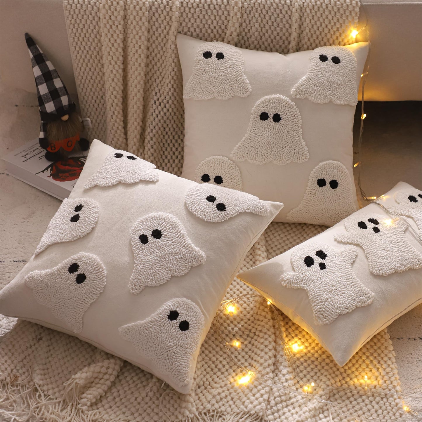 Tosleo Halloween Throw Pillow Covers 12x20 inch Set of 2 Halloween White Ghosts Embroidered Pillow Cases Thanksgiving Home Party Fall Decor Pillowcases Lumbar Cushion Covers for Spooky Season