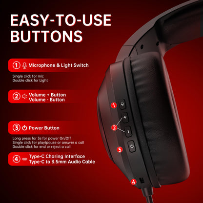 AOC Bluetooth Gaming Headset with Mic for PC, PS5/4, Nintendo Switch, 2.4GHz Wireless Gaming Headphones with RGB, USB-C, 7.1 Virtual Surround 20ms, Latency, 45H Playtime- Red