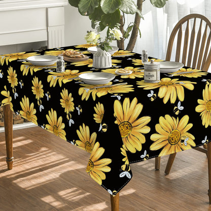 Horaldaily Summer Tablecloth 60×84 Inch Rectangular, Yellow Sunflower Bumble Bee Black Fall Washable Table Cover for Party Picnic Dinner Decor