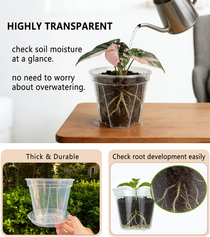 RZOIKZOI 12-Pack Thick Clear Nursery Pots(4/5/5.5/6.3 Inch) – Transparent Plastic Plant Pots with Drainage Holes & 12 Labels, Assorted Sizes for Seed Starting, Succulents, Indoor Outdoor Use