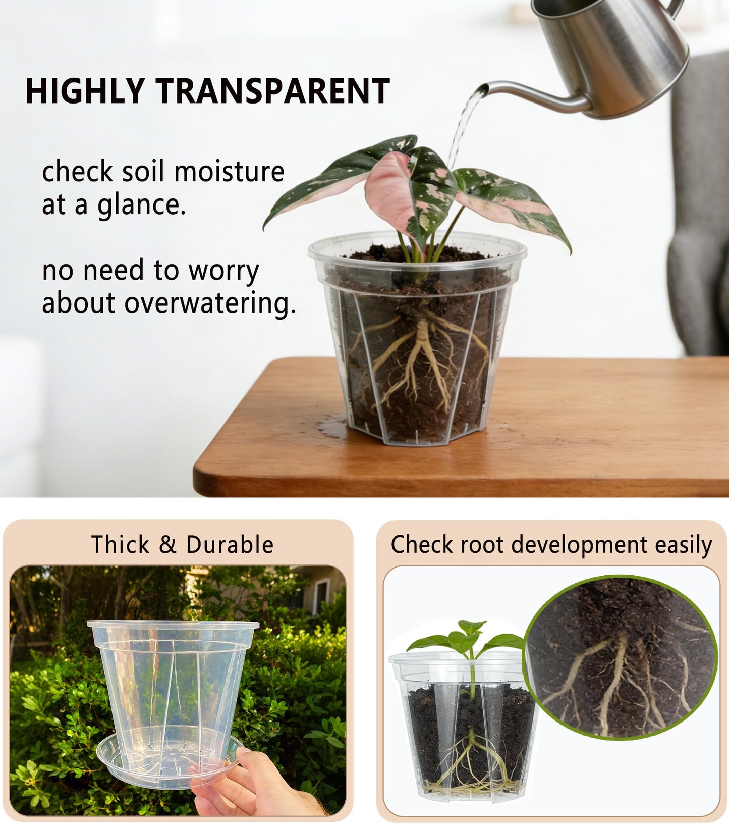 12-Pack Thick Clear Nursery Pots with Saucers (4/5/5.5/6.3 Inch) – Transparent Plastic Plant Pots with Drainage Holes & 12 Labels, Assorted Sizes for Seed Starting, Succulents, Indoor Outdoor Use