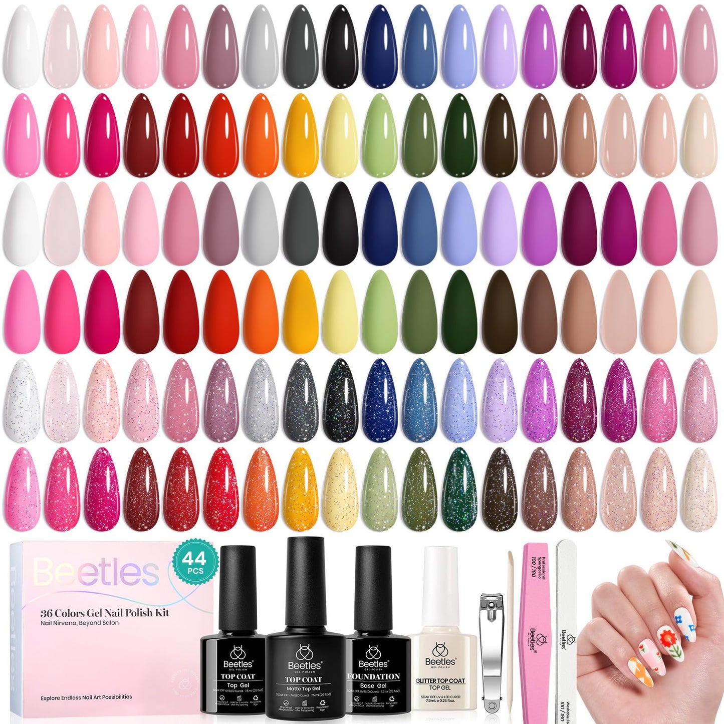 beetles Gel Polish 44pcs Fall Gel Nail Polish Set 36 Colors Brown Burgundy Red Blue Purple Orange Green Black Nude White with Base Top Coat UV LED Needed Salon DIY at Home Gift for Women Colorful Muse