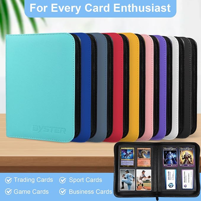 BYSTER 4 Pocket Card Binder, Premium PU Trading Card Binder with Zipper, 160 Capacity Side-Loading Binder for TCG, MTG, Sports Cards, Game Cards, Black