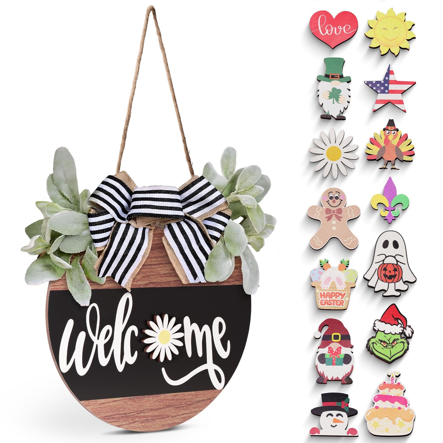 Interchangeable Welcome Sign for Front Door, 12" Rustic Wood Wreath with 14 Seasonal Icons, Year-Round Porch Decor & Housewarming Gift