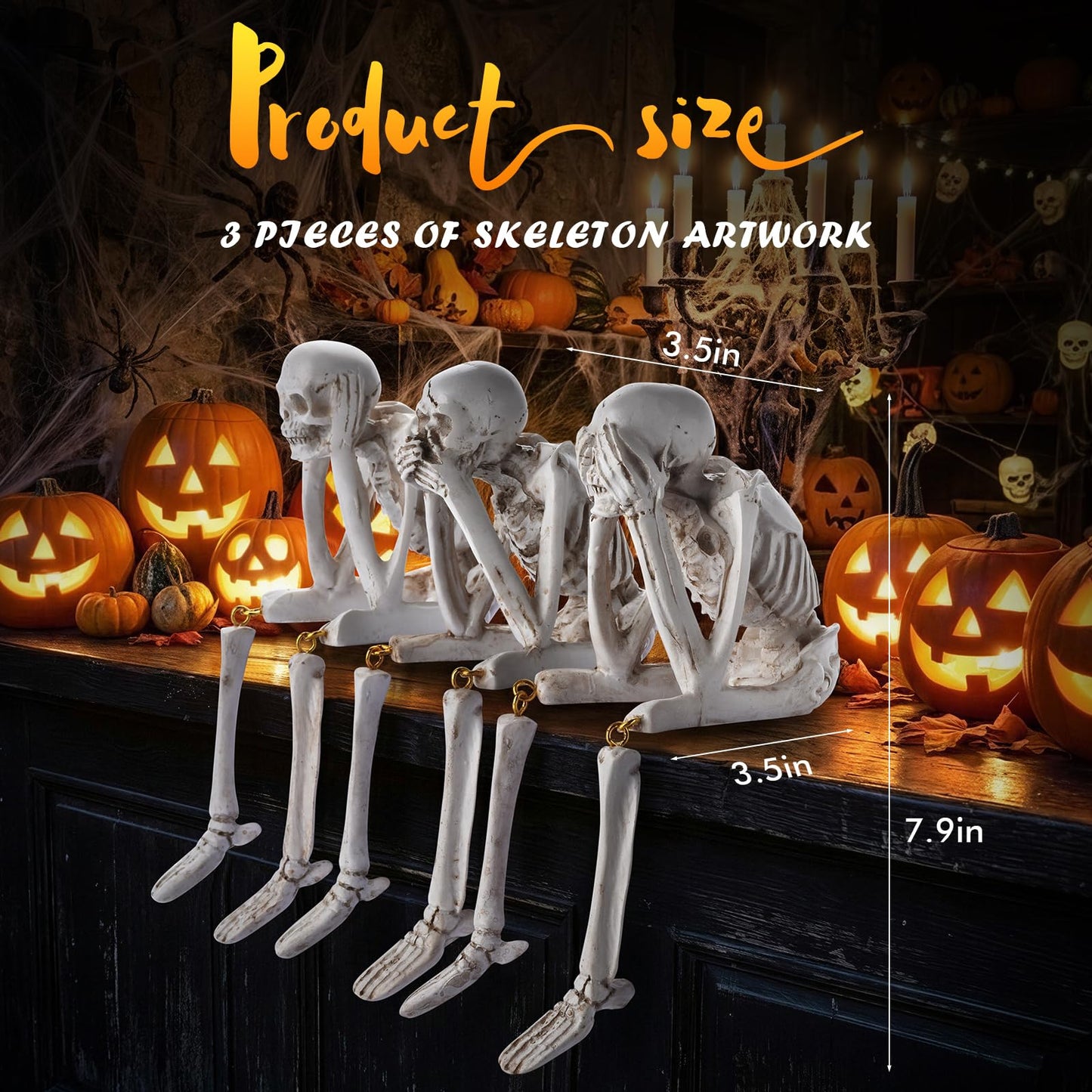 Zalovvi Halloween Skeleton Decor, See No Evil Hear No Evil Speak No Evil Statues Set of 3, Resin Skull Figurines for Home Mantel Living Room Office, Halloween Decorations Gift (Halloween)