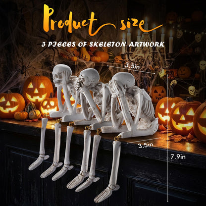 Zalovvi Halloween Skeleton Decor, See No Evil Hear No Evil Speak No Evil Statues Set of 3, Resin Skull Figurines for Home Mantel Living Room Office, Halloween Decorations Gift (Halloween)