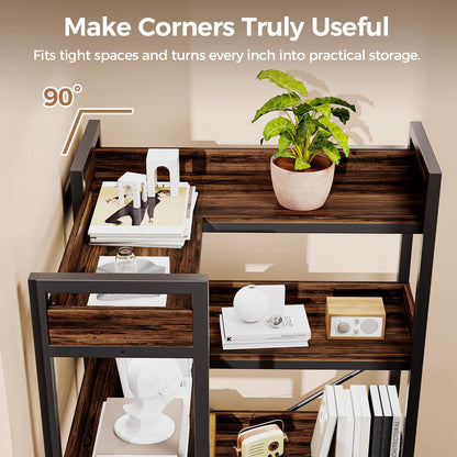 GTPLAYER 5-Tier Corner Bookshelf, L-Shaped Metal Frame Shelf with Tall 14" Shelves, Plant Stand and Storage Rack for Small Spaces, Living Room and Home Office, Rustic Brown