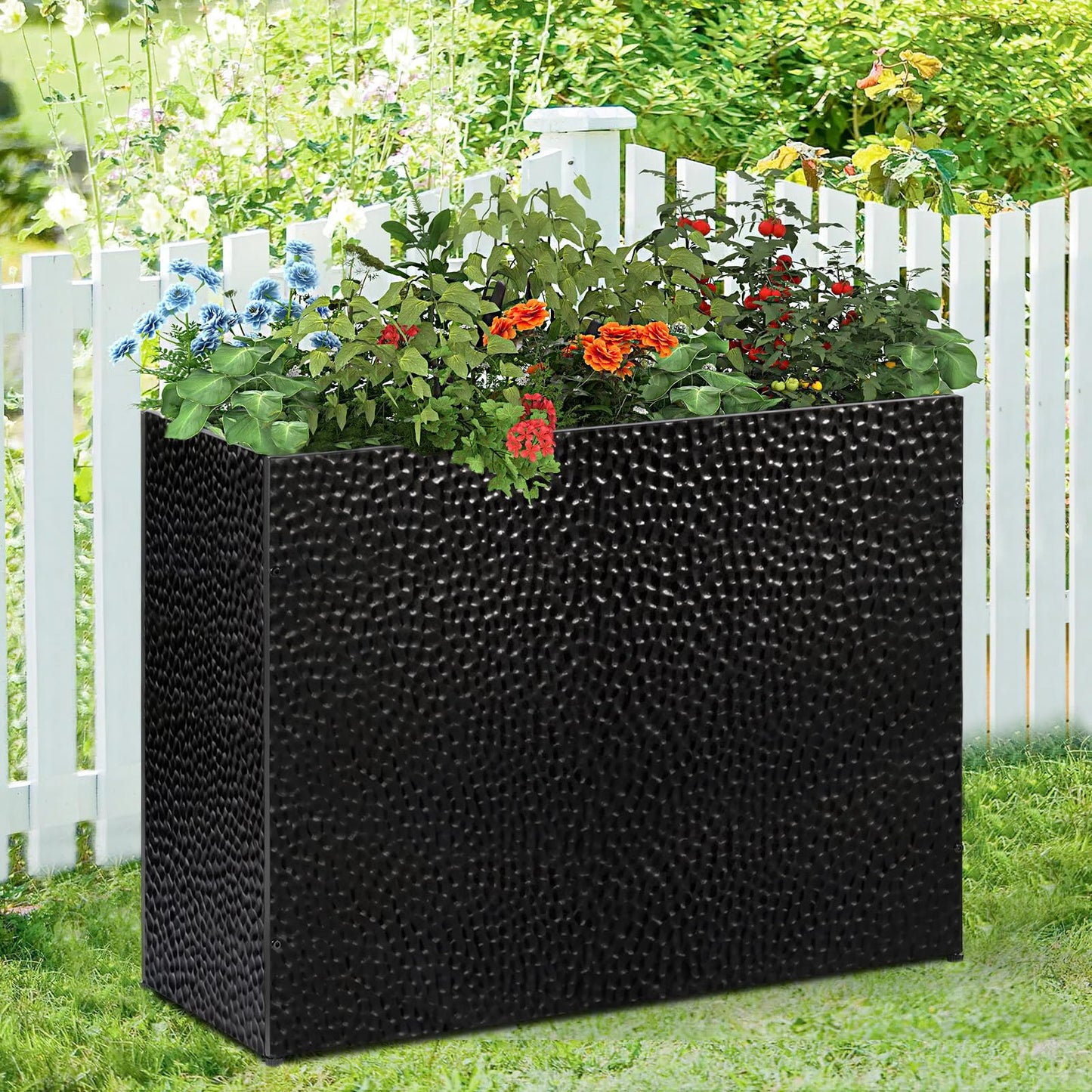 BAYN 32x12x24 Inch Rectangular Metal Planter Box – Black Hand-Hammered Metal Planter with Pre-Drill Holes, Heavy Duty Outdoor Garden Planter for Patio, Porch, Yard