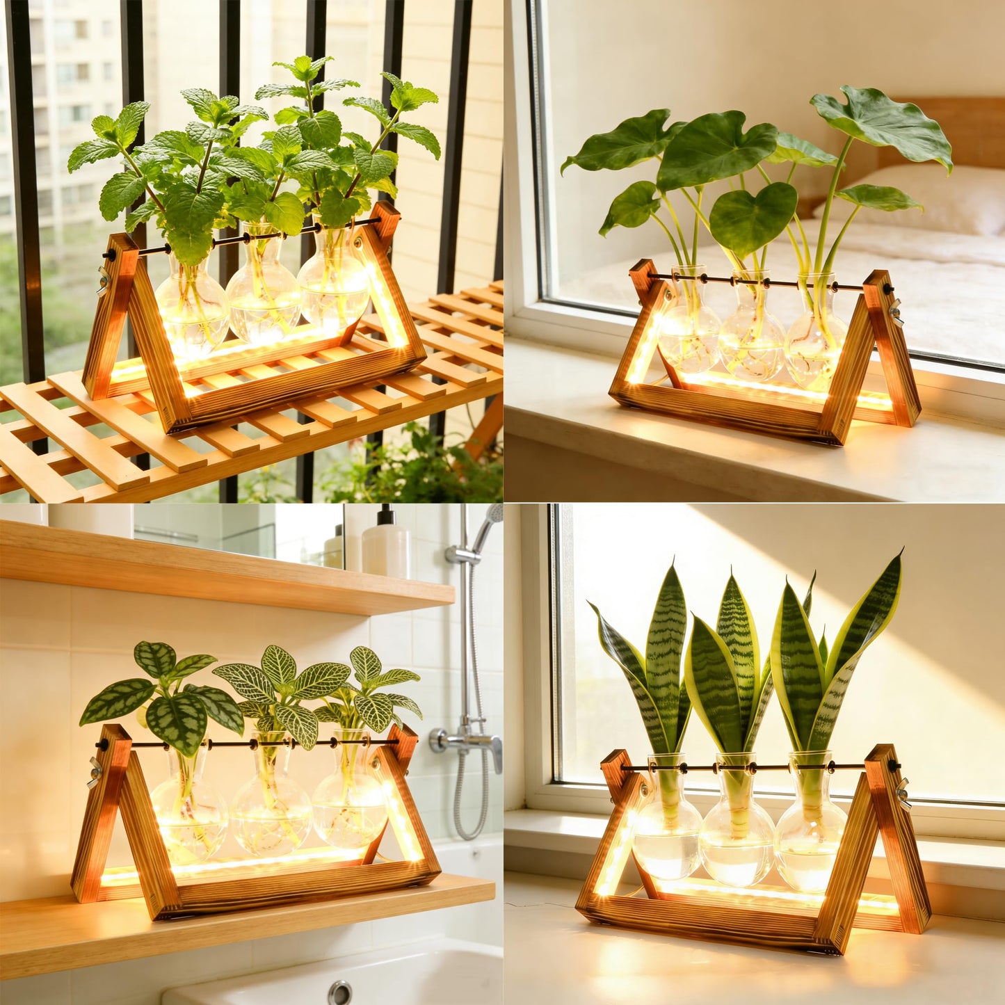 Plant Propagation Stations with LED Lights, Plants Terrarium with Retro Wooden Stand Glass Vase Hydroponics Planter Birthday Gift for Plant Lovers Home Garden Office Indoor Decoration-3 Bulb Vase