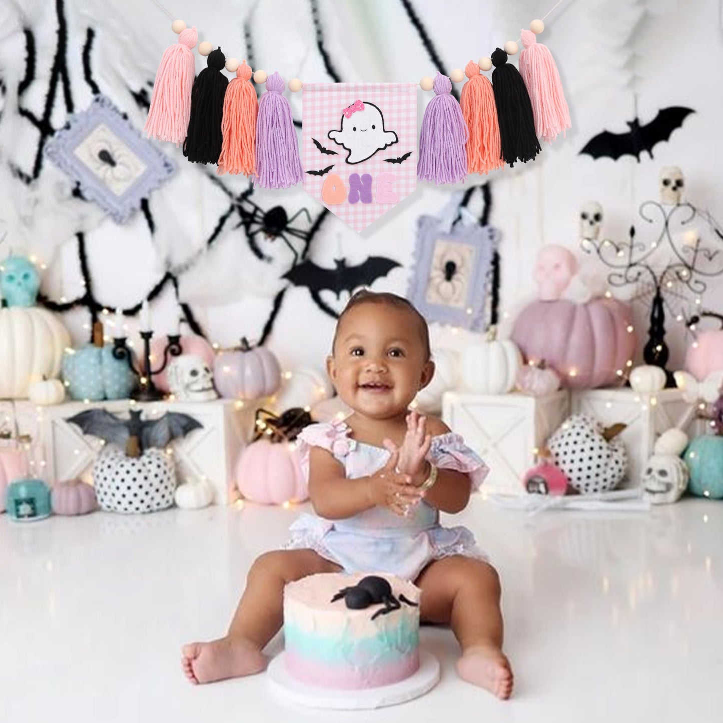 Spooky One High Chair Banner for Girls - Pink Ghost Yarn Tassel Highchair Banner, Halloween 1st Birthday Decorations, Our Little Boo is One Birthday Decor