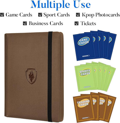 Premium 9 Pocket Card Binder for 540 Cards, Fabmaker PU Cover Trading Card Binder, Sturdy Card Collection Album, Sleek Card Holder Folders for Game Cards & Sports Cards, Brown