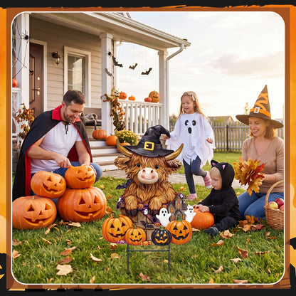 Amyhill Halloween Highland Cow Outdoor Decor Metal Garden Stakes with Pumpkins Bats Yard Signs for Halloween Outdoor Lawn Porch Backyard Holiday Lawn Decorations